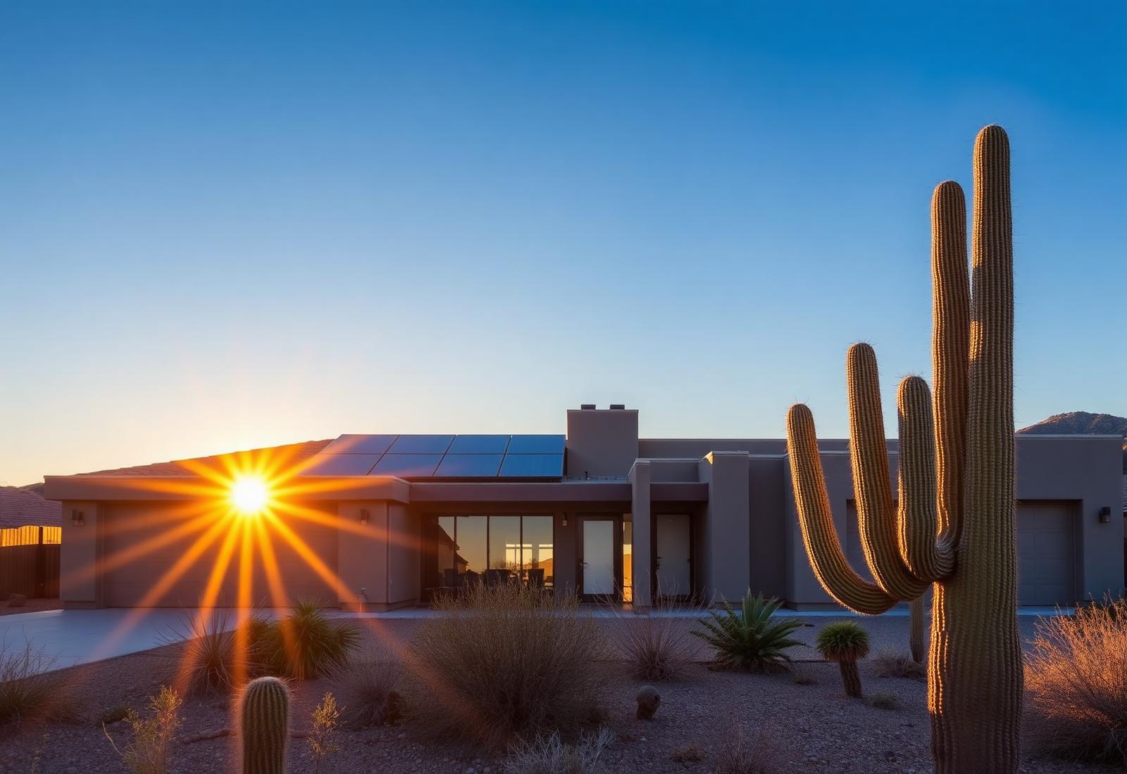 Arizona desert home with solar panels at sunset